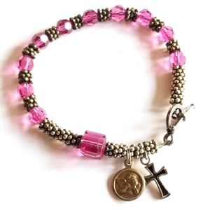 Handmade bracelet beaded pink silver tone beads cross religious Christian